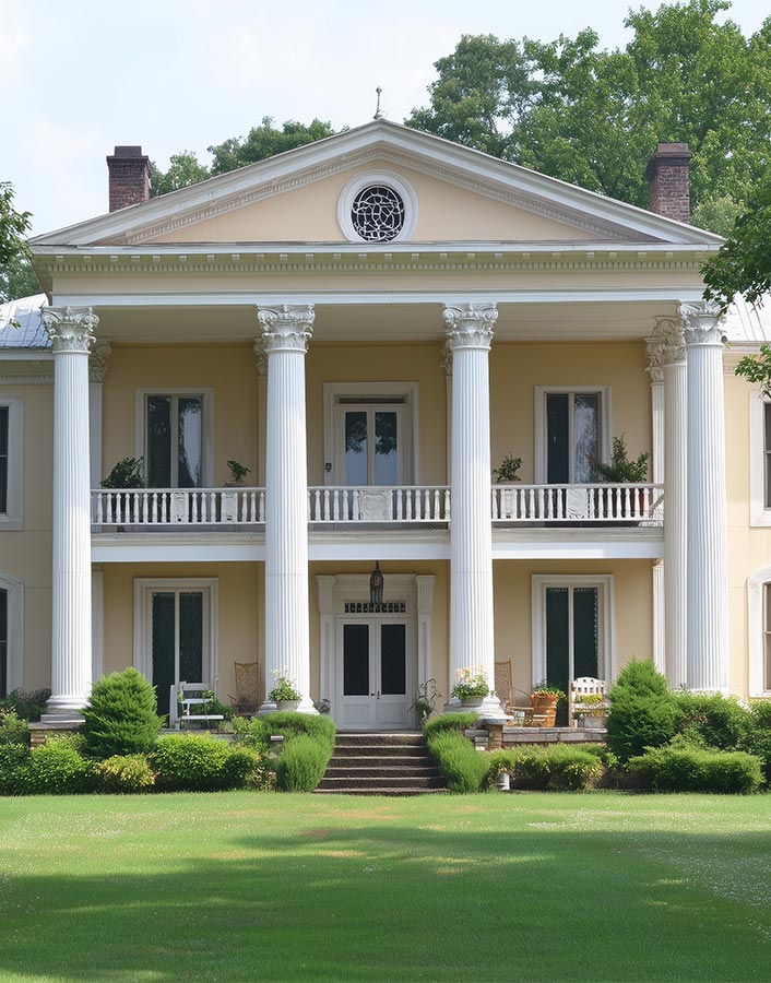 A grand, historic Neoclassical style mansion featuring large white columns
