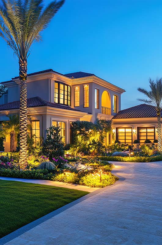 Modern exterior of a stunning custom home at dusk with palm trees and beautiful landscaping